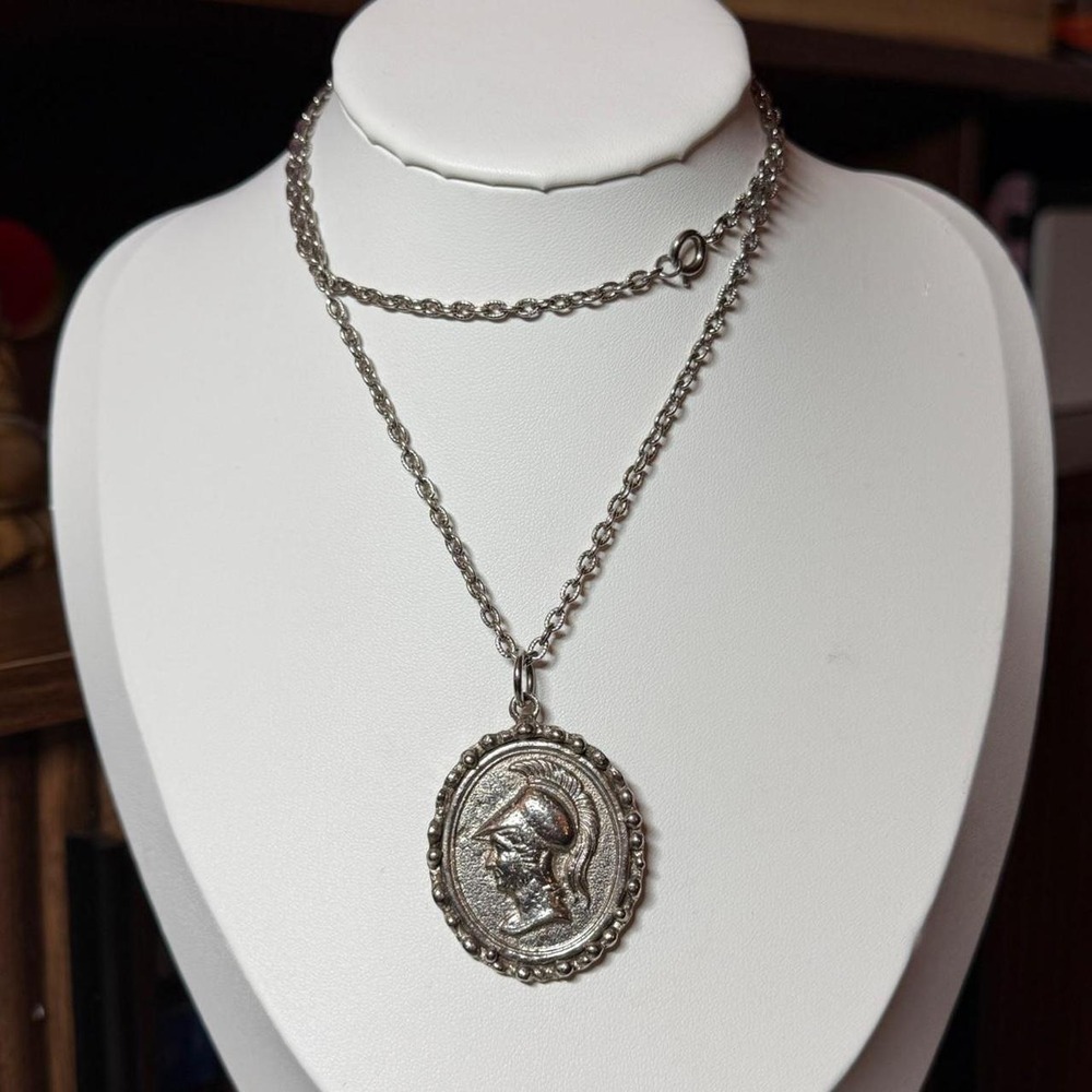 Y2K Silver Greek Roman Soldier Coin Pendant Necklace Warrior Medallion